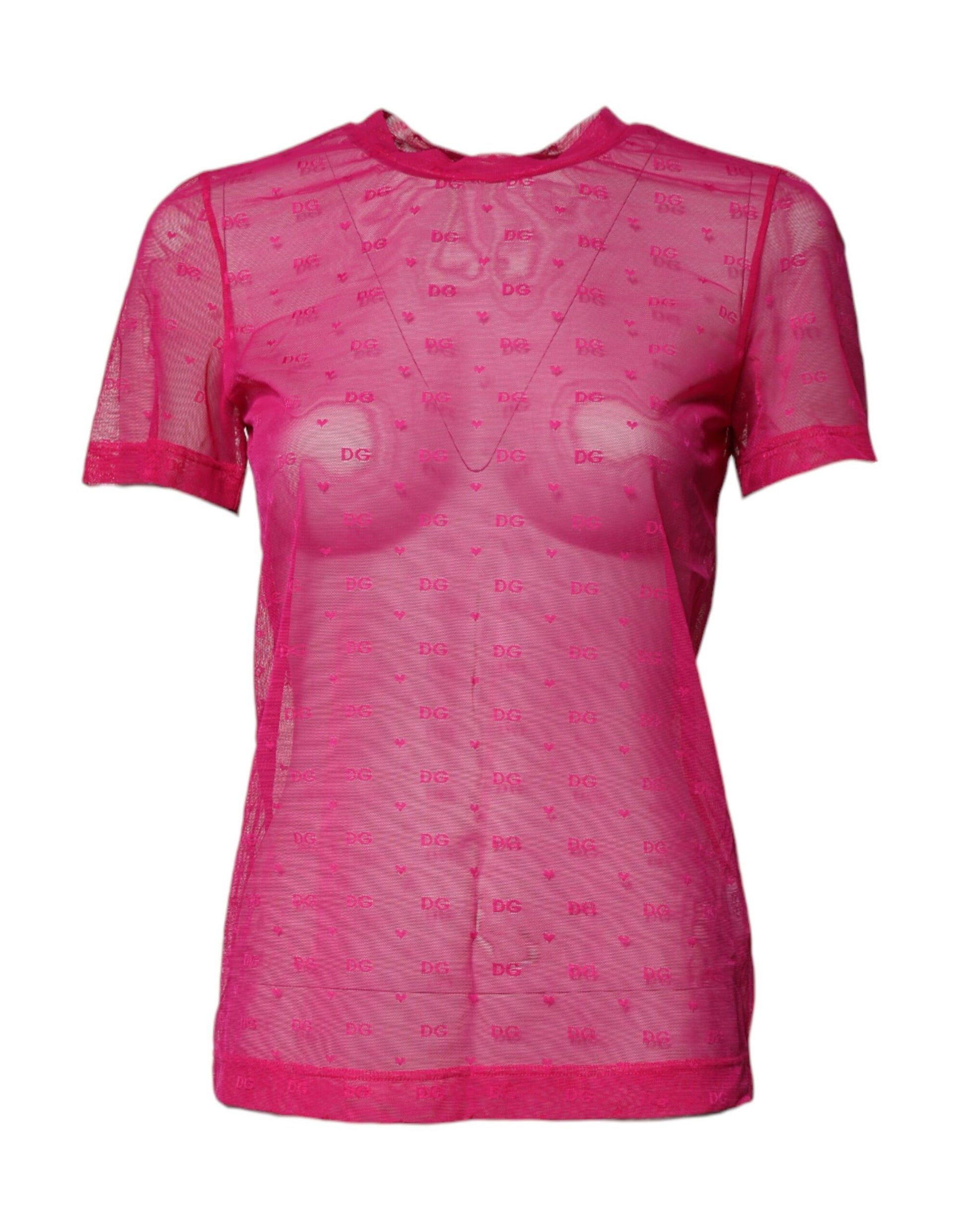Pink Nylon See Through Women Short Sleeves Top