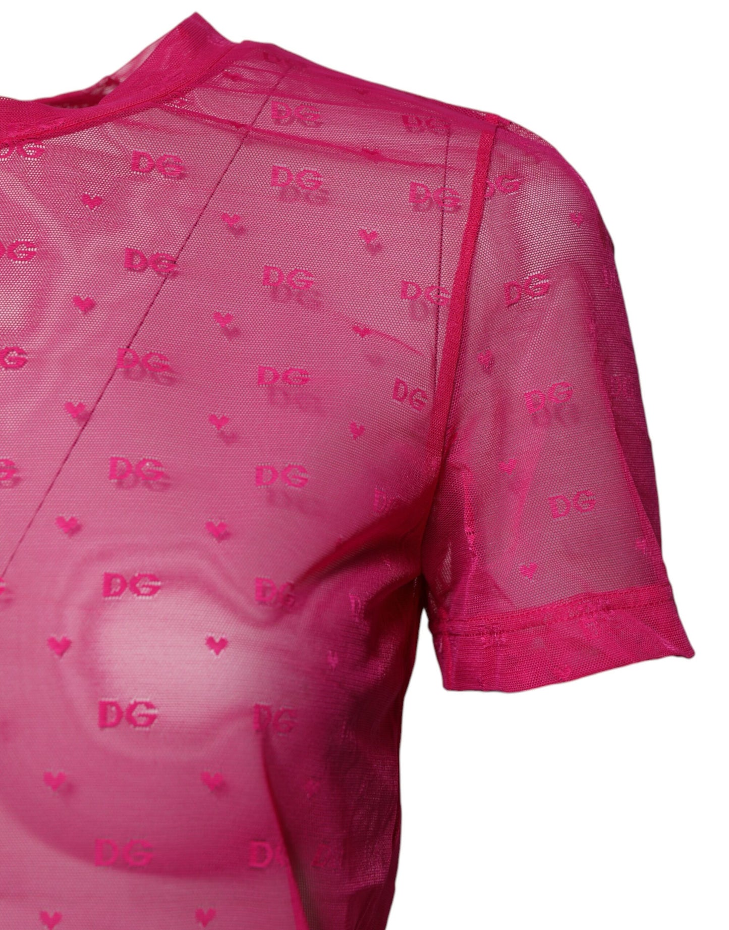 Pink Nylon See Through Women Short Sleeves Top