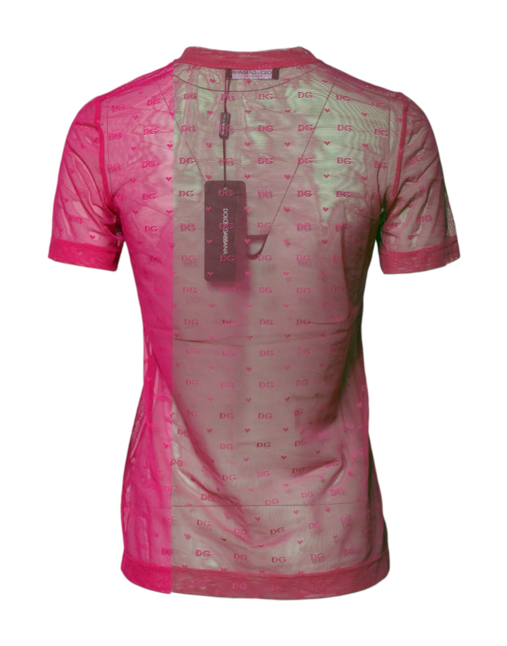 Pink Nylon See Through Women Short Sleeves Top