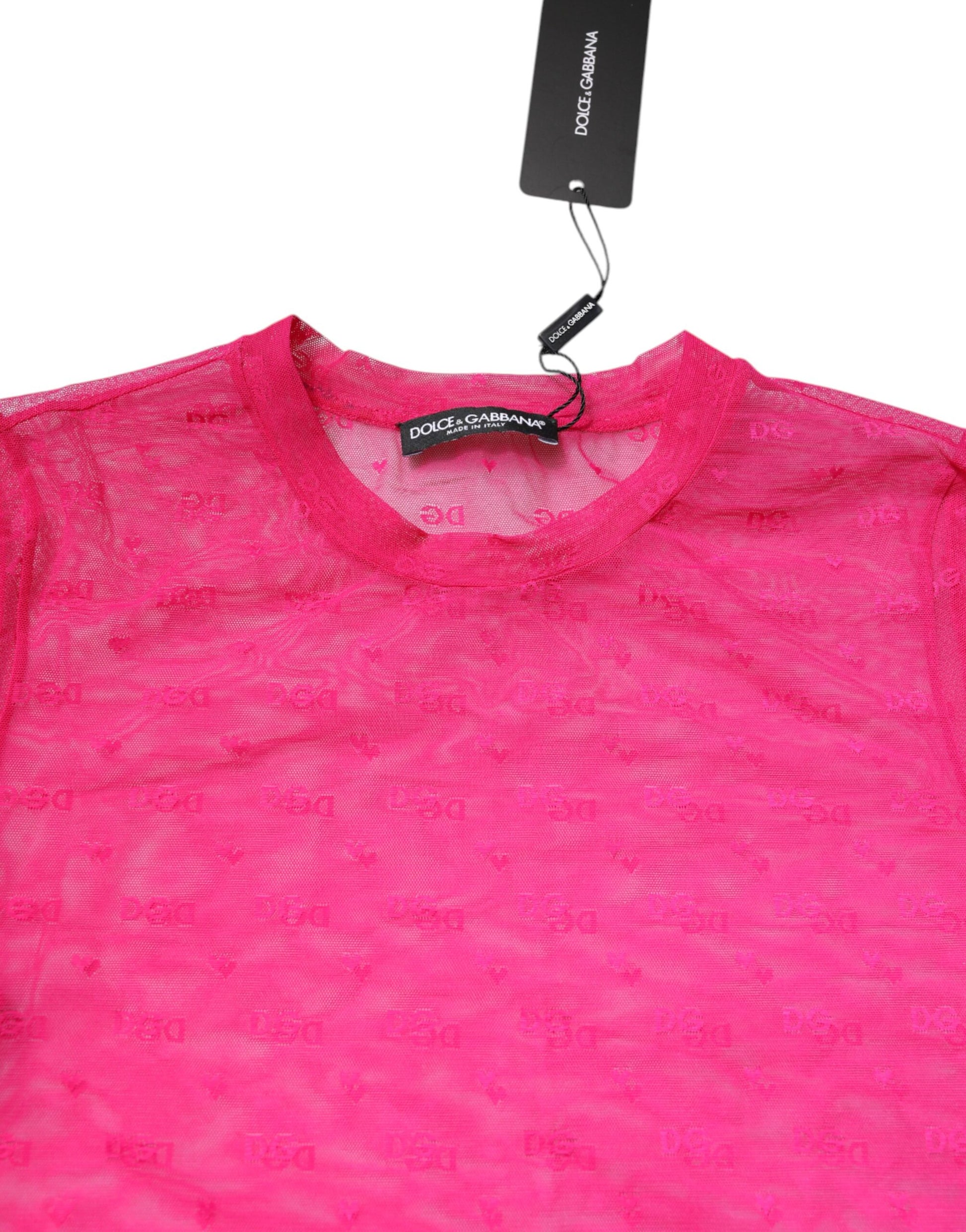Pink Nylon See Through Women Short Sleeves Top