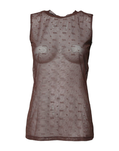 Brown Nylon See Through Women Sleeveless Tank Top