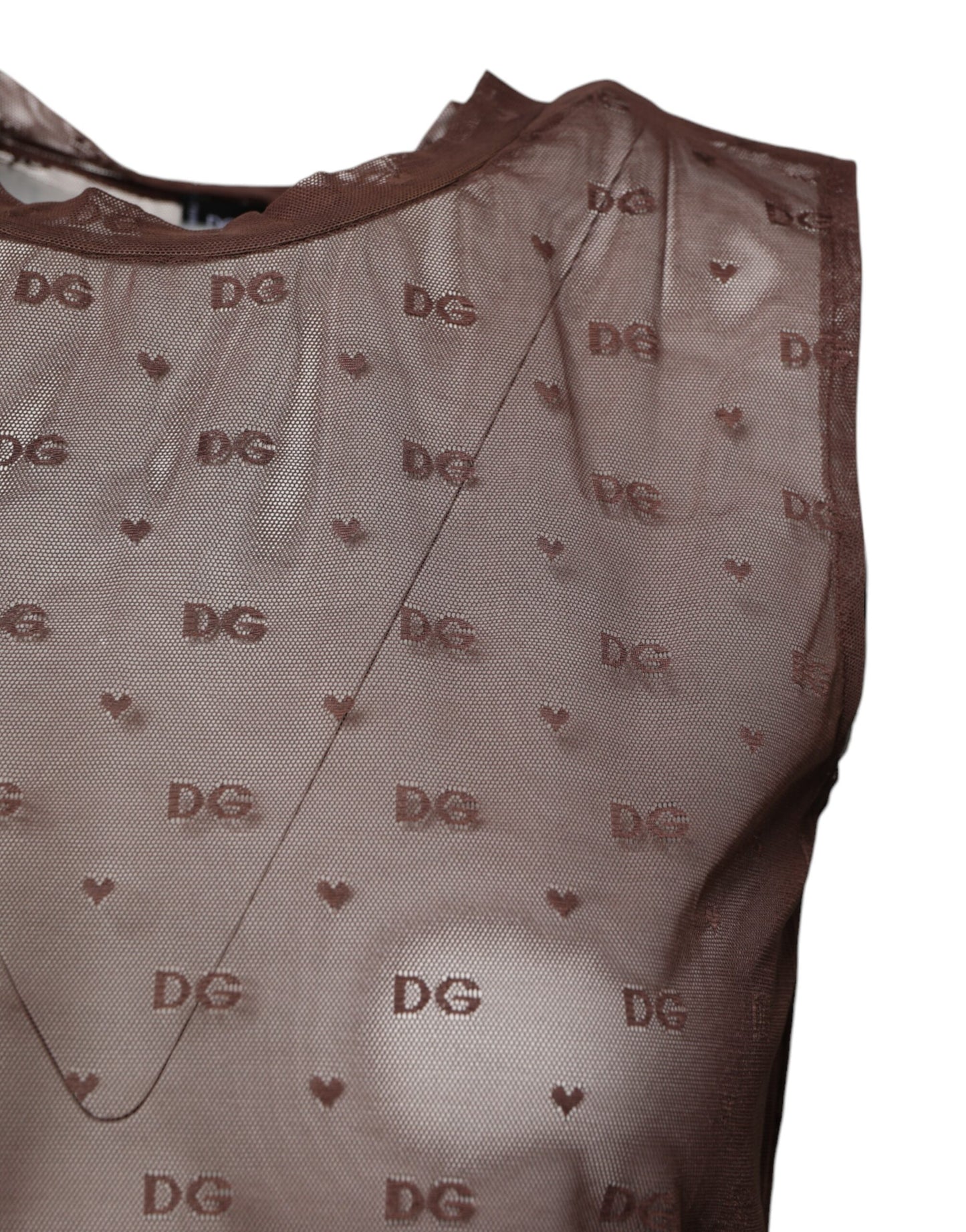 Brown Nylon See Through Women Sleeveless Tank Top