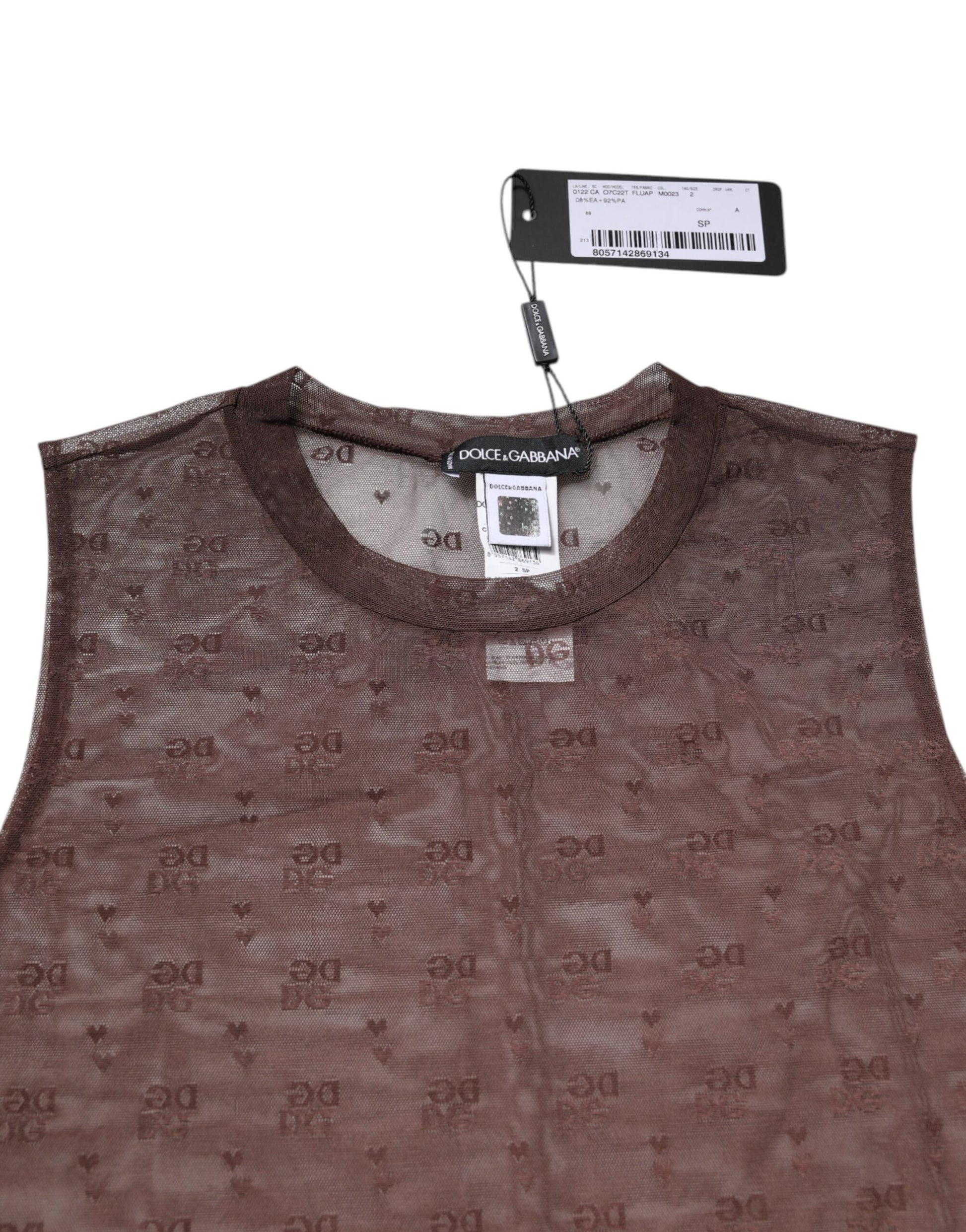 Brown Nylon See Through Women Sleeveless Tank Top