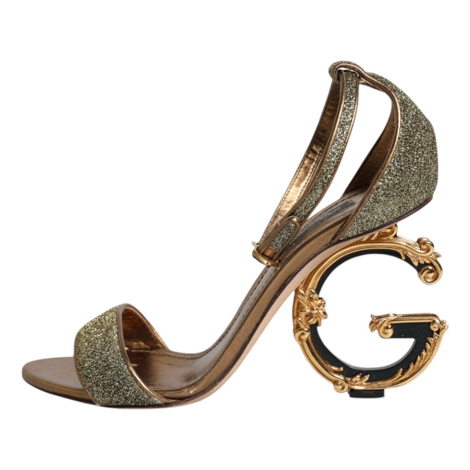 Sandalias de tacón con correa de tobillo de lurex dorado Zapatos
