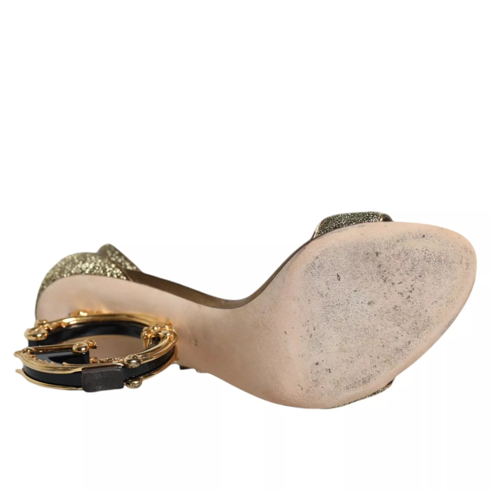 Sandalias de tacón con correa de tobillo de lurex dorado Zapatos
