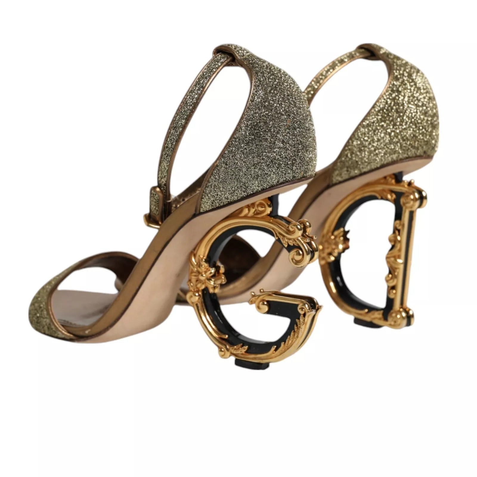 Sandalias de tacón con correa de tobillo de lurex dorado Zapatos