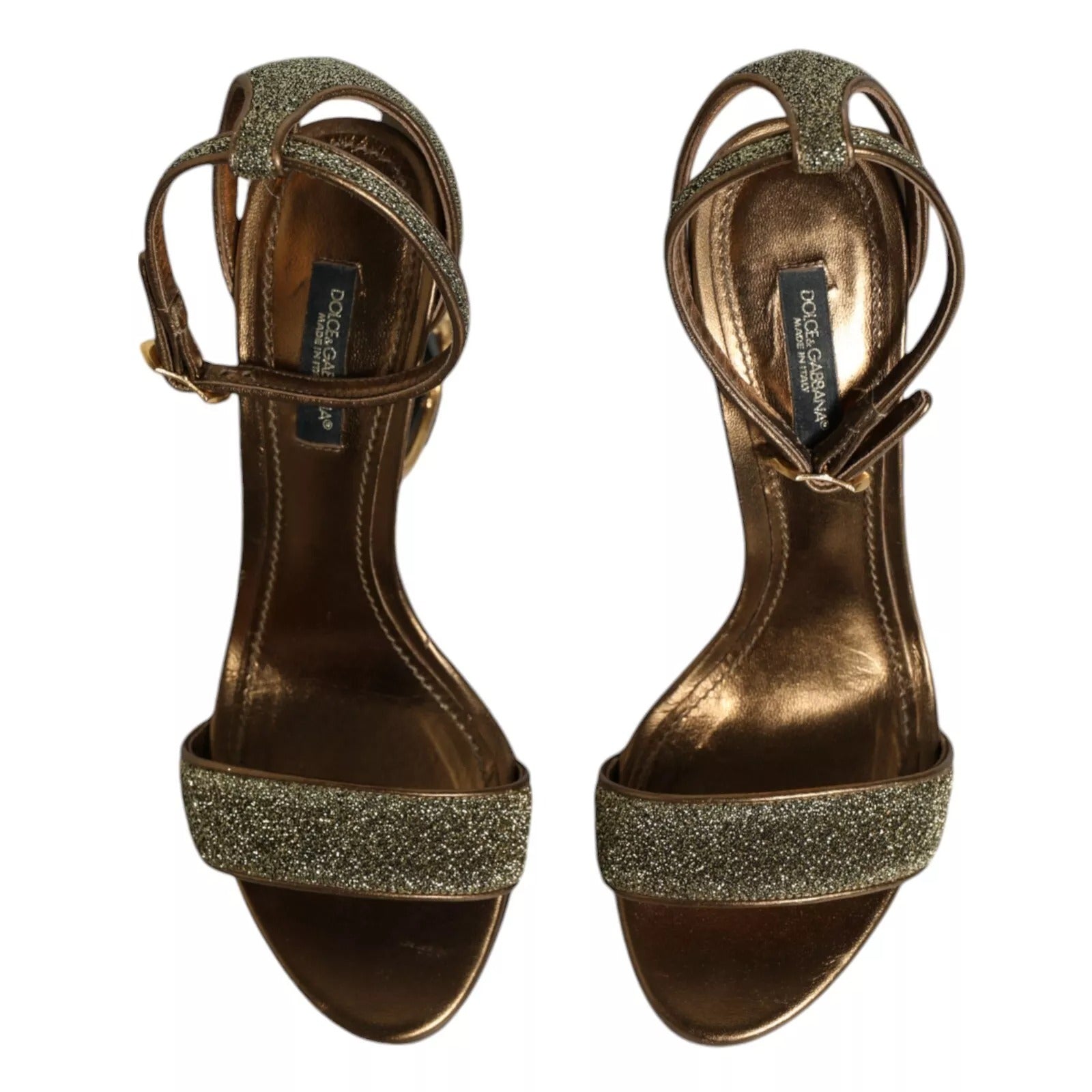 Sandalias de tacón con correa de tobillo de lurex dorado Zapatos