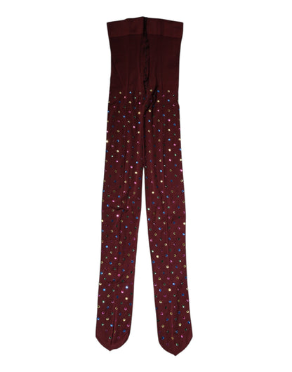 Maroon Nylon Crystal Embellished Pantyhose Tights