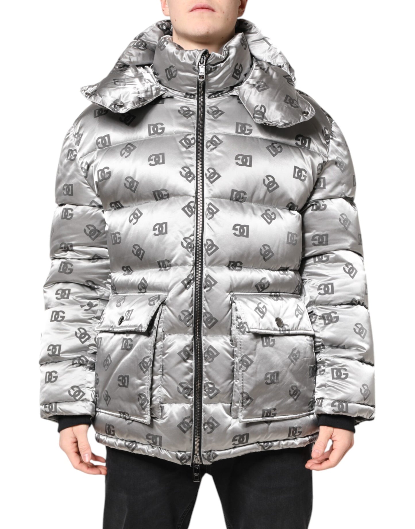 Silver Logo Full Zip Hooded Quilted Jacket