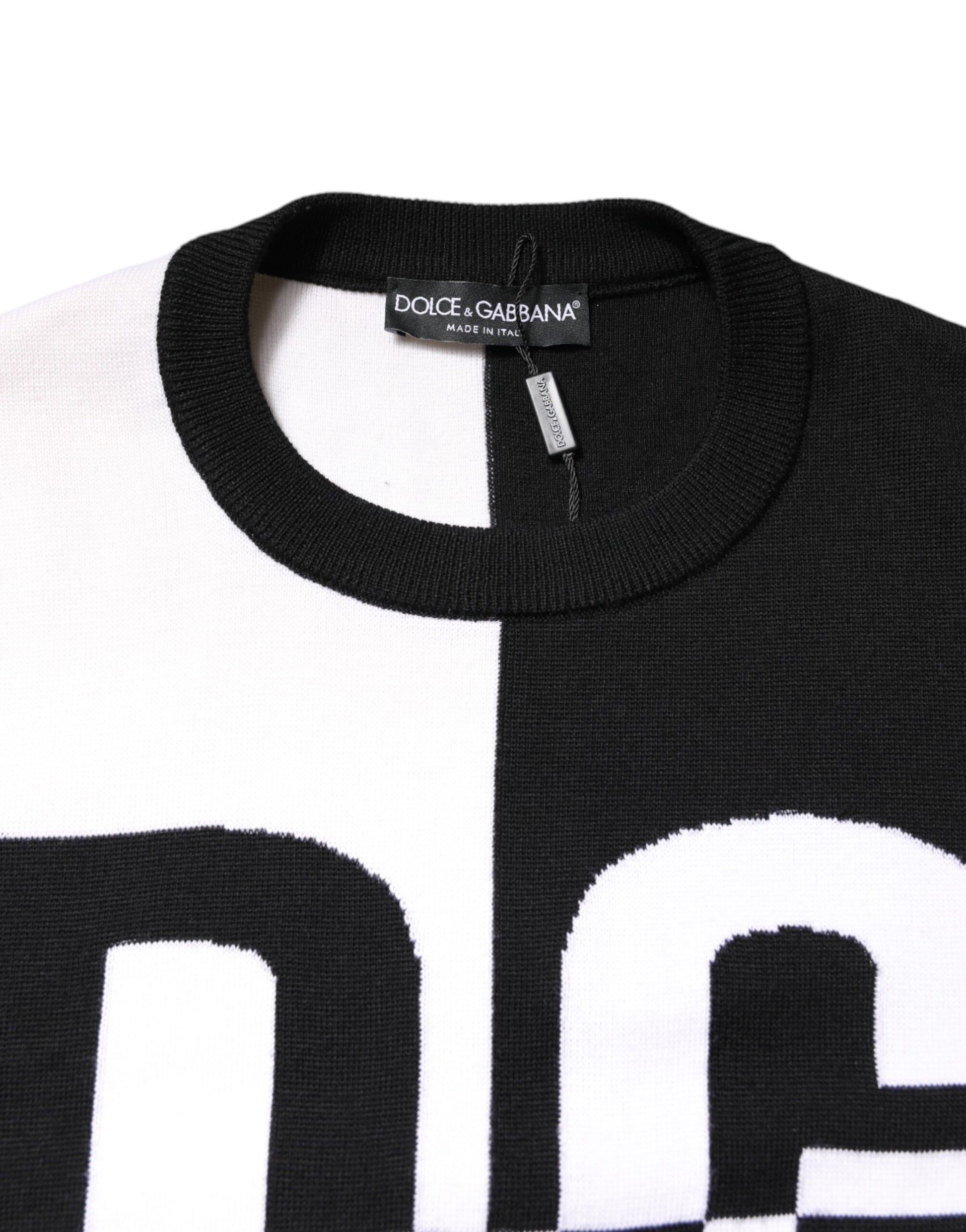 Black White Knit Logo Print Pullover Sweater