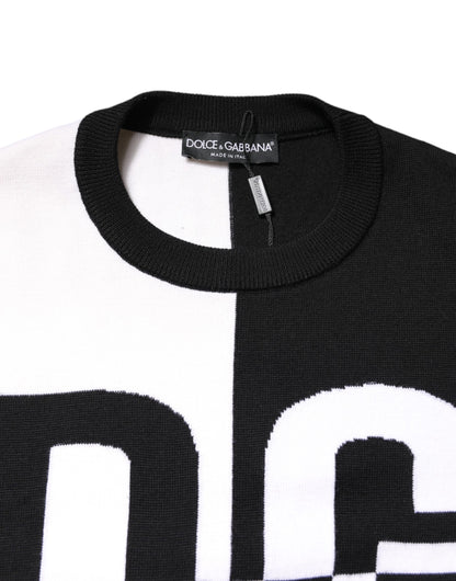 Black White Knit Logo Print Pullover Sweater