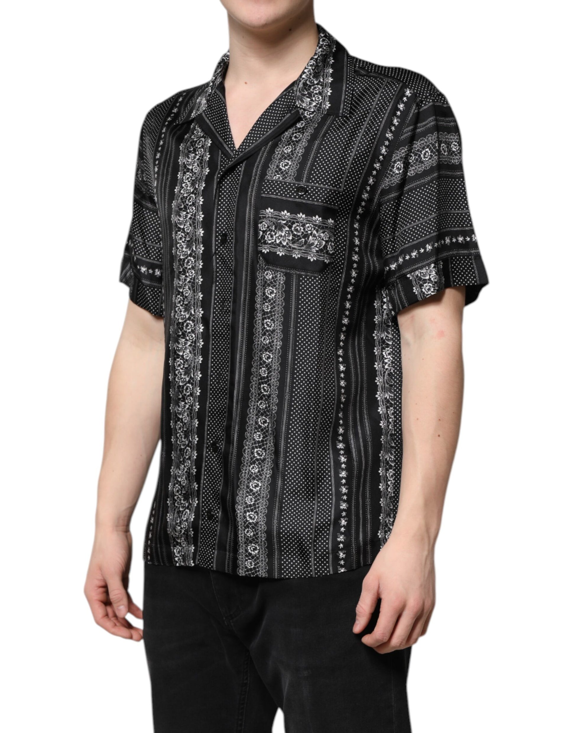 Black Silk Floral Print Short Sleeves Shirt
