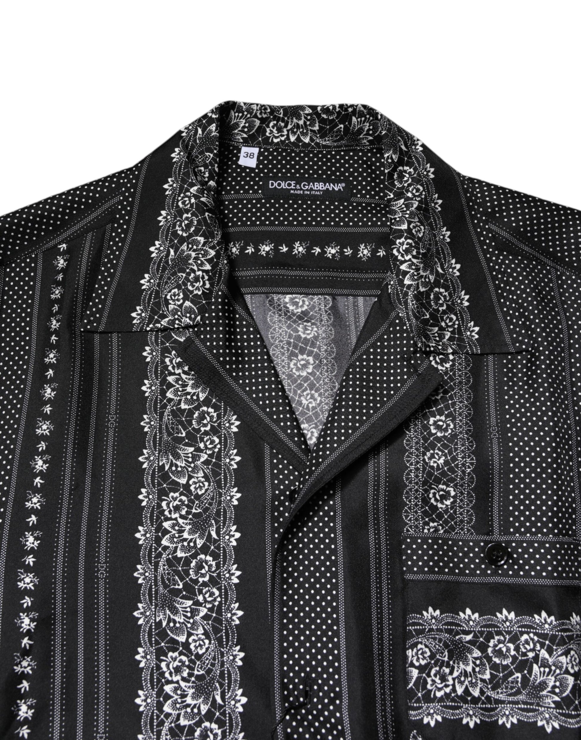 Black Silk Floral Print Short Sleeves Shirt
