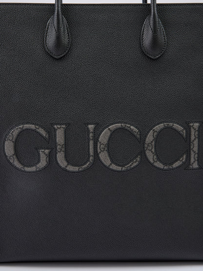 Black Leather Logo Medium Tote Bag