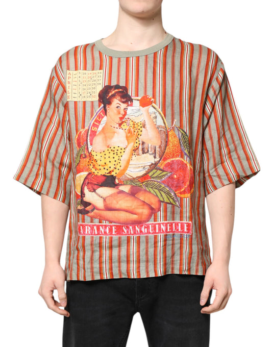 Multicolor Striped Graphic Linen Round Neck T-shirt