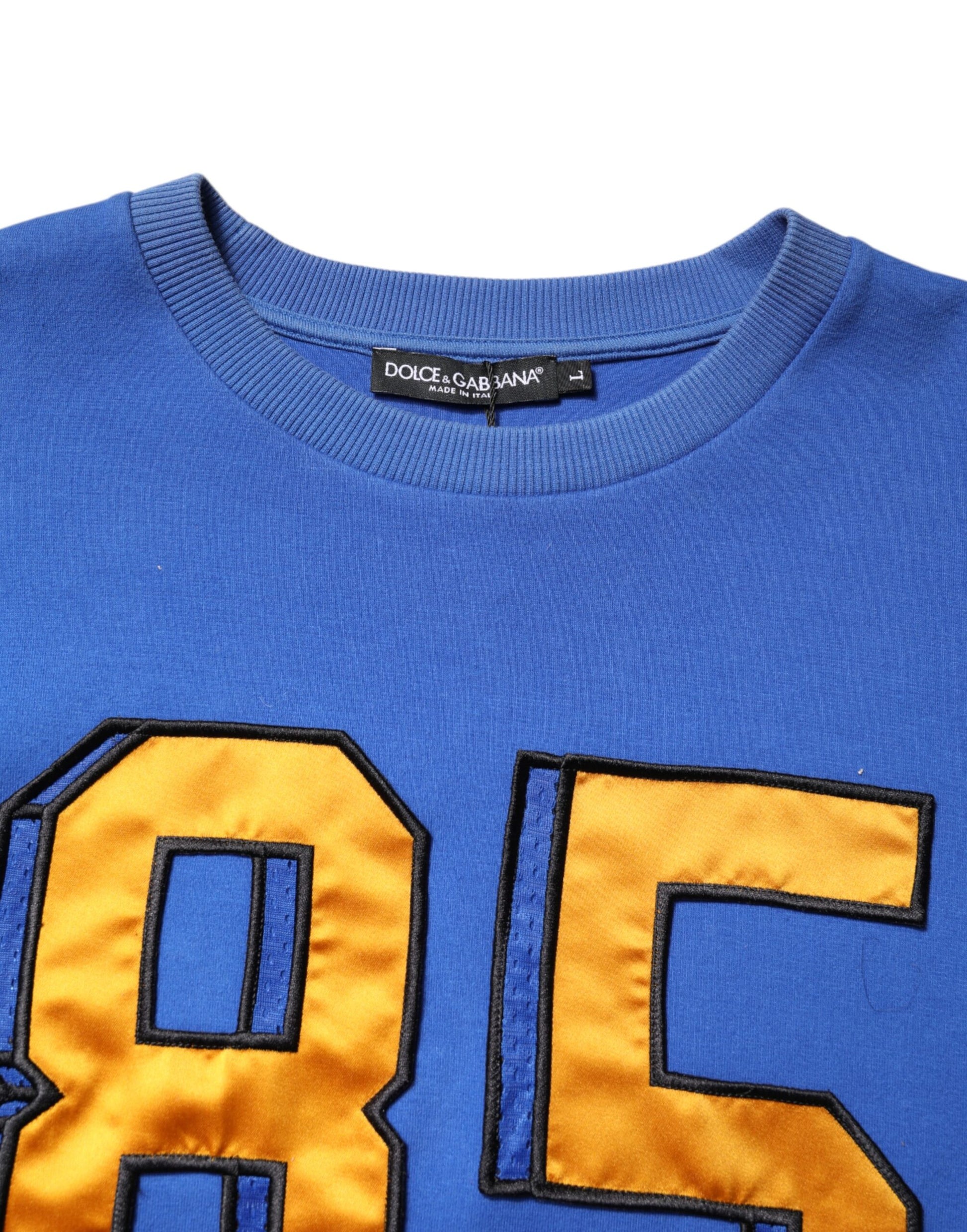 Blue Printed Cotton Cropped Crew Neck T-shirt