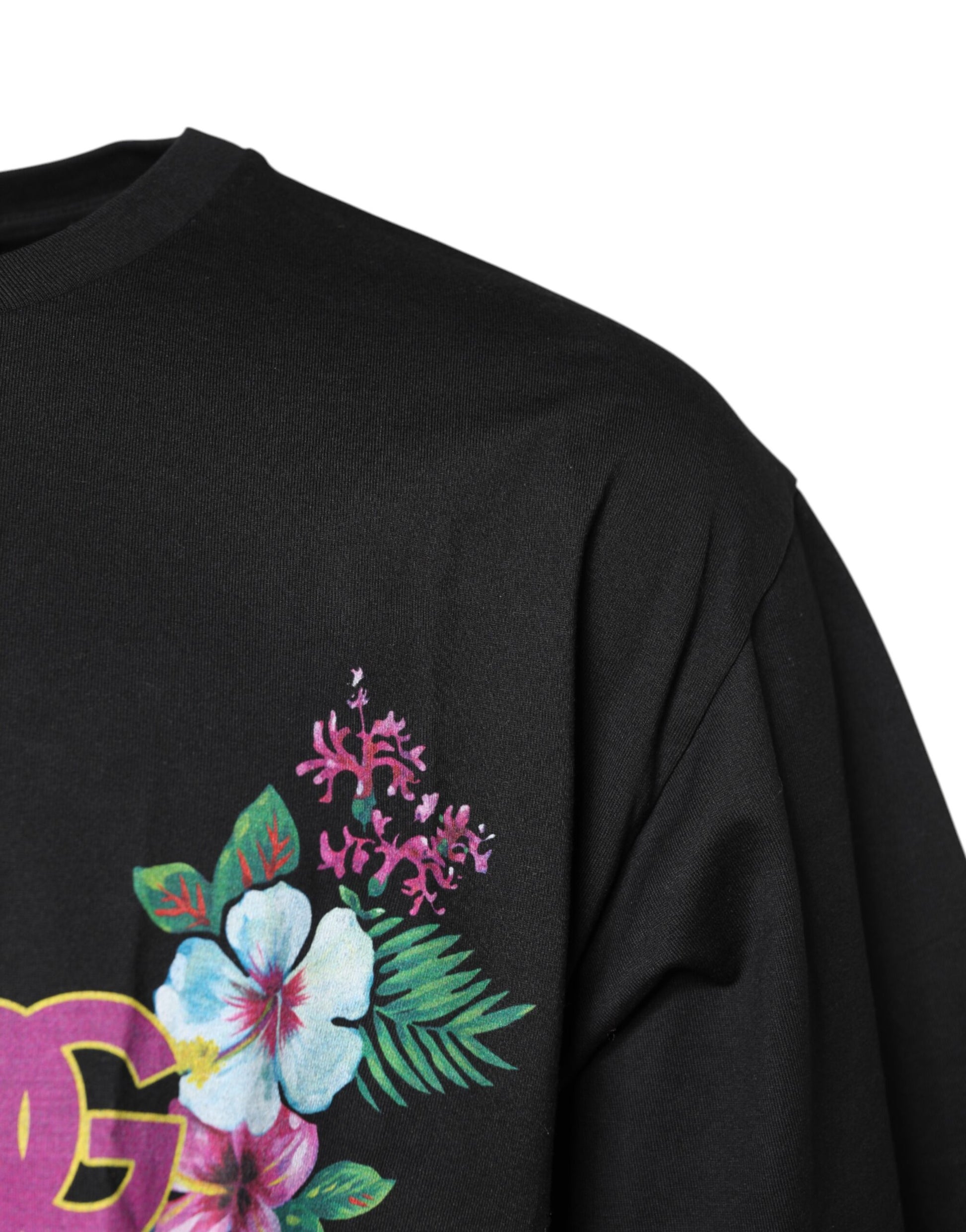 Black Cotton DG Floral Print Crewneck T-shirt