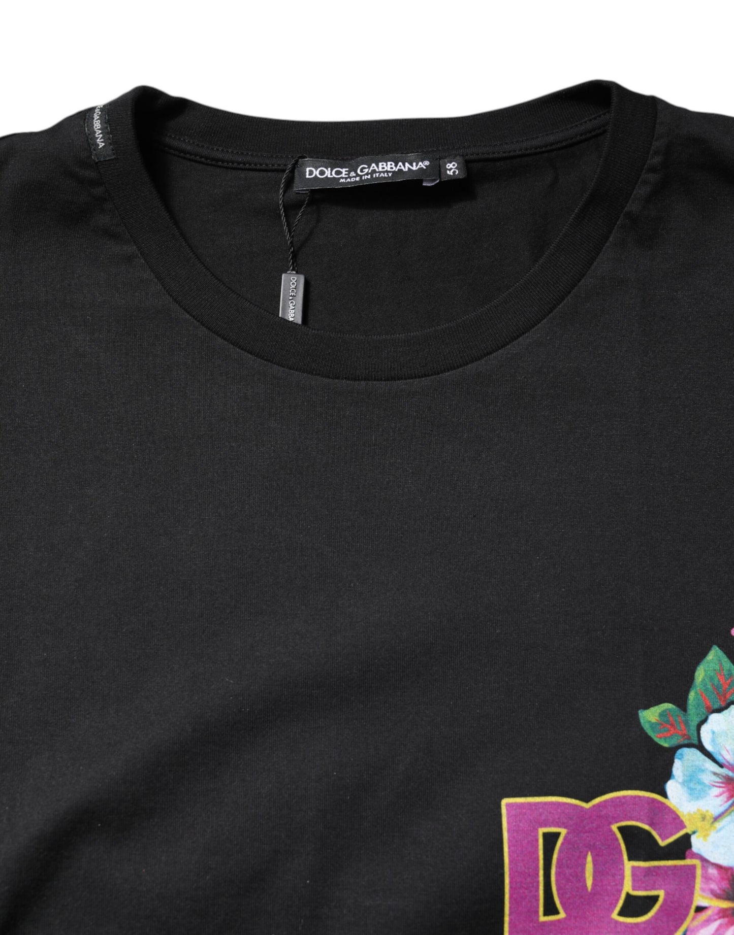 Black Cotton DG Floral Print Crewneck T-shirt