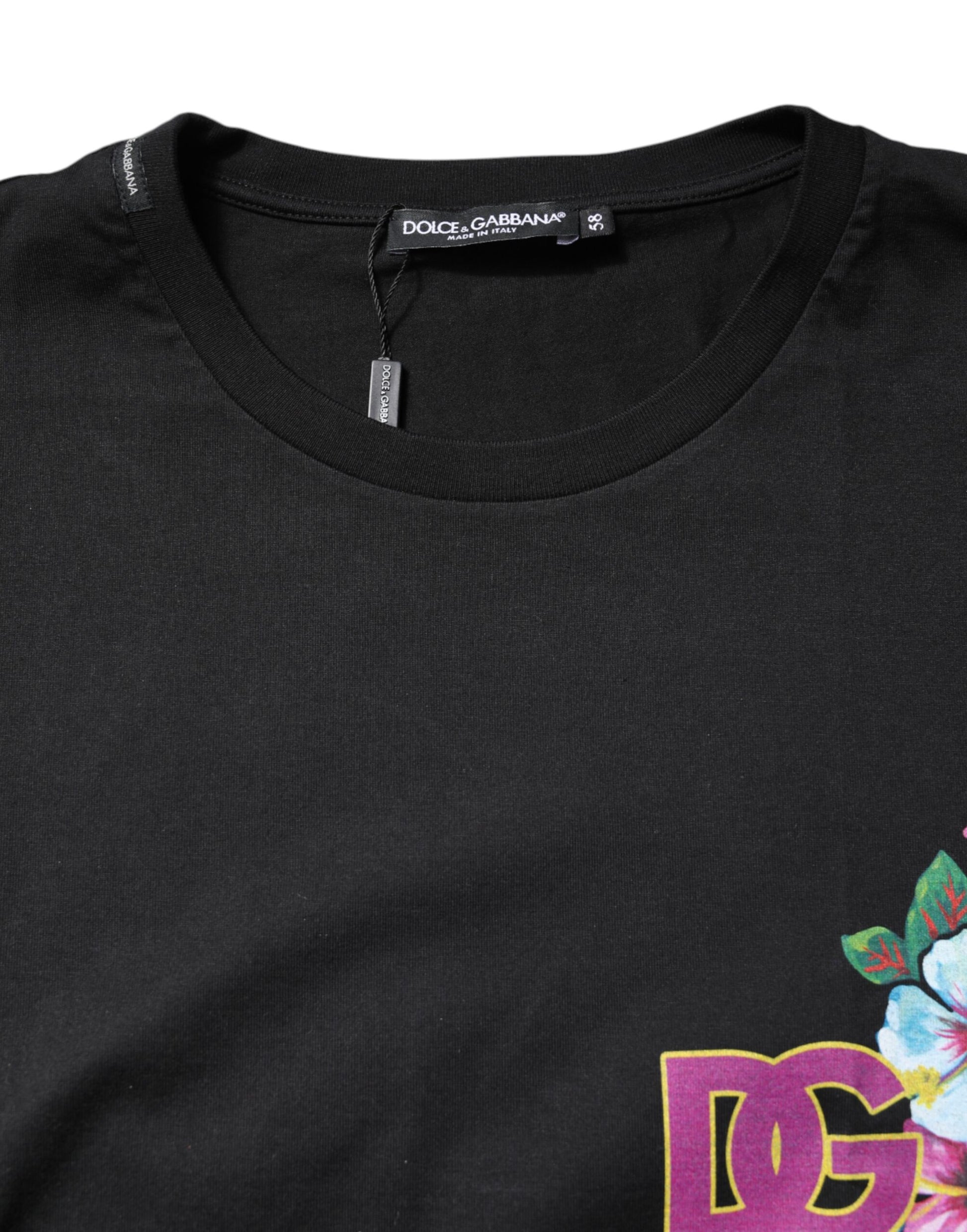 Black Cotton DG Floral Print Crewneck T-shirt