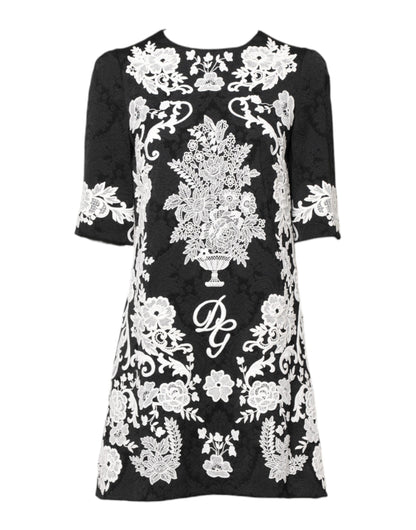 Black Floral Lace Short Sleeves Mini Dress