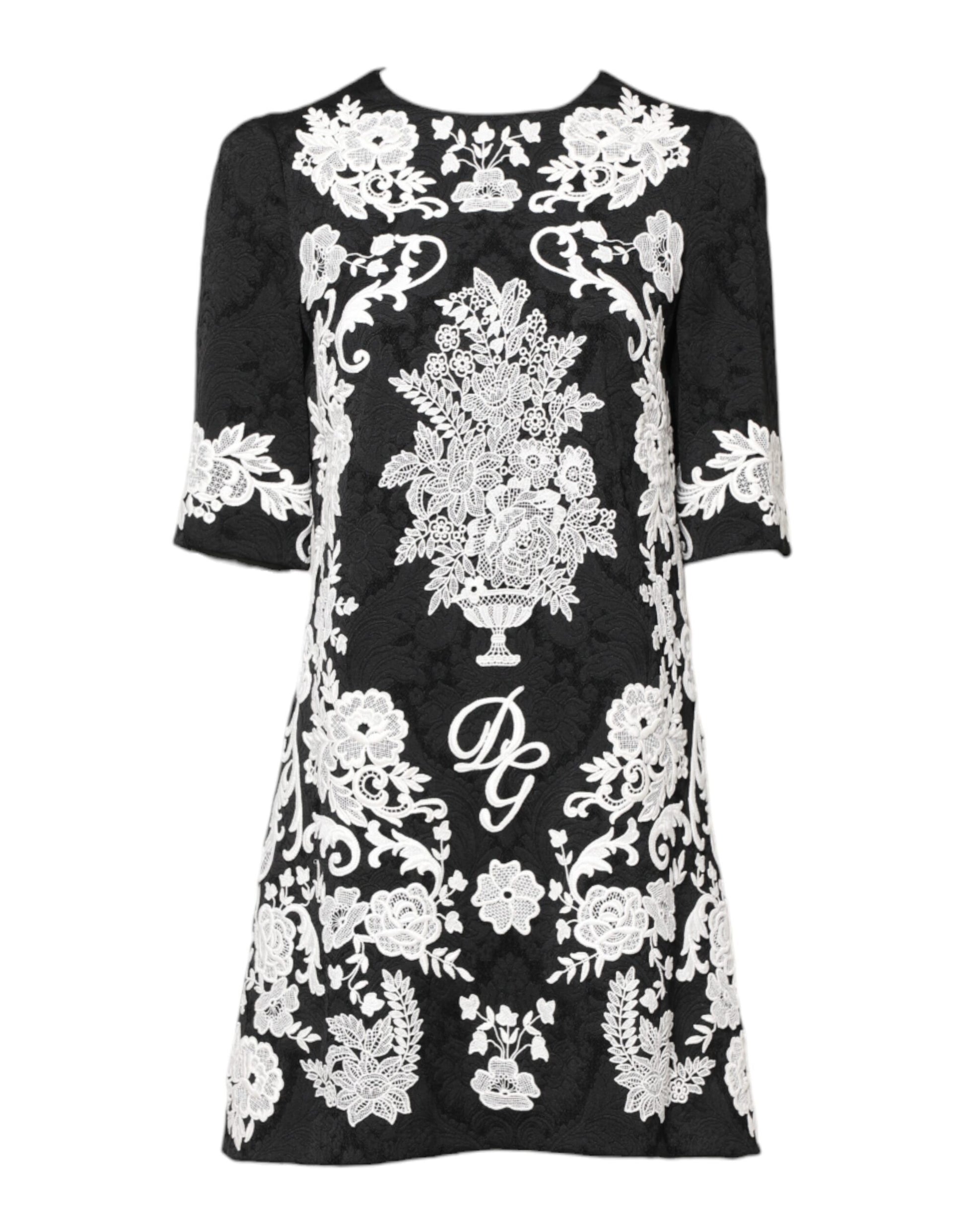 Black Floral Lace Short Sleeves Mini Dress