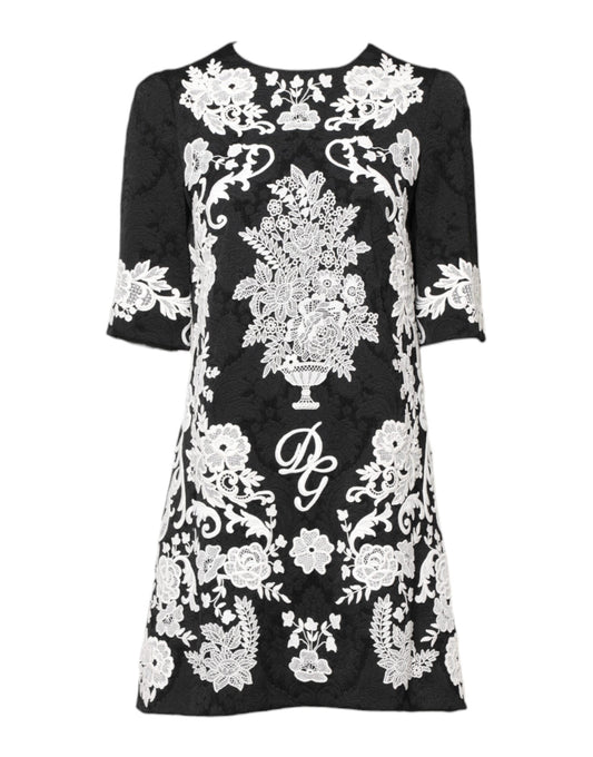 Black Floral Lace Short Sleeves Mini Dress
