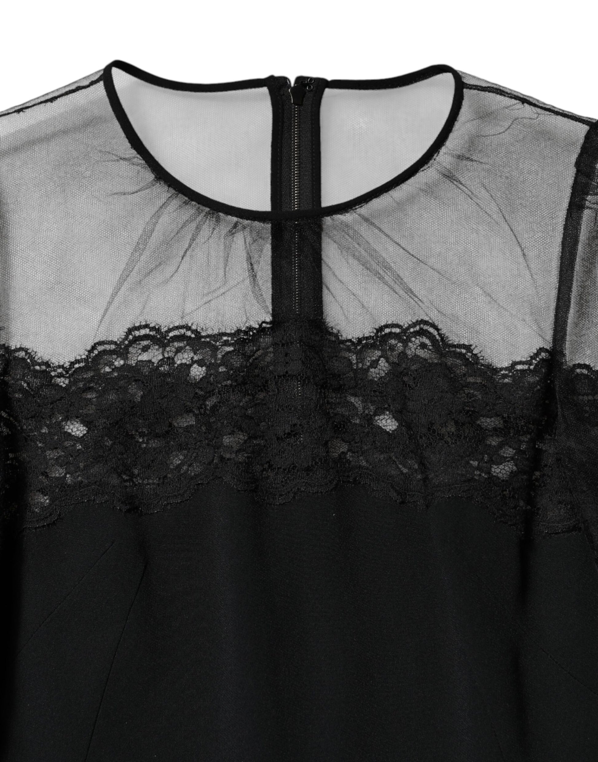 Black Lace Trim Nylon Tulle Sheath Midi Dress