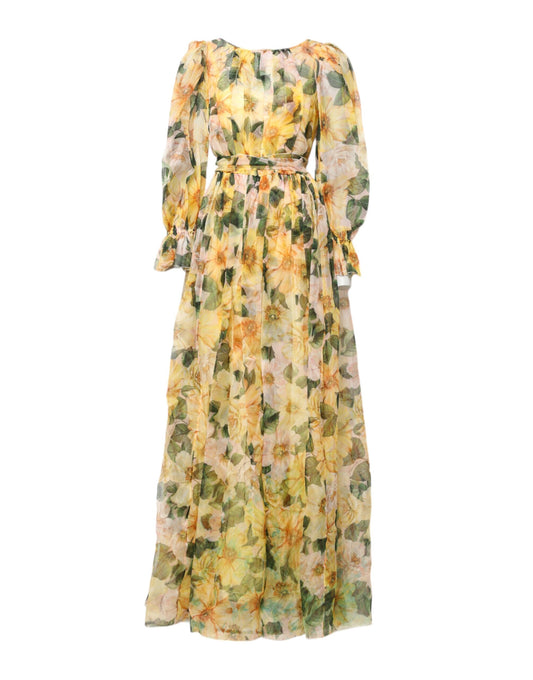 Yellow Floral Print Long Sleeves Maxi Dress