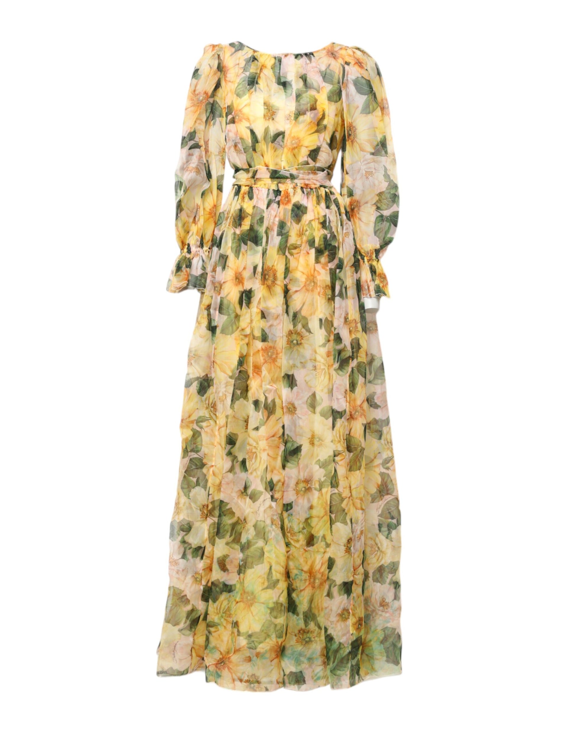 Yellow Floral Print Long Sleeves Maxi Dress