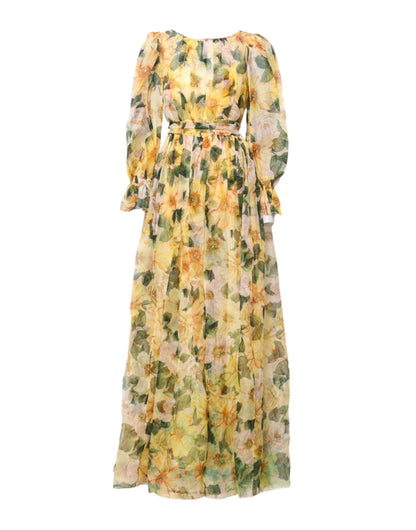 Yellow Floral Print Long Sleeves Maxi Dress