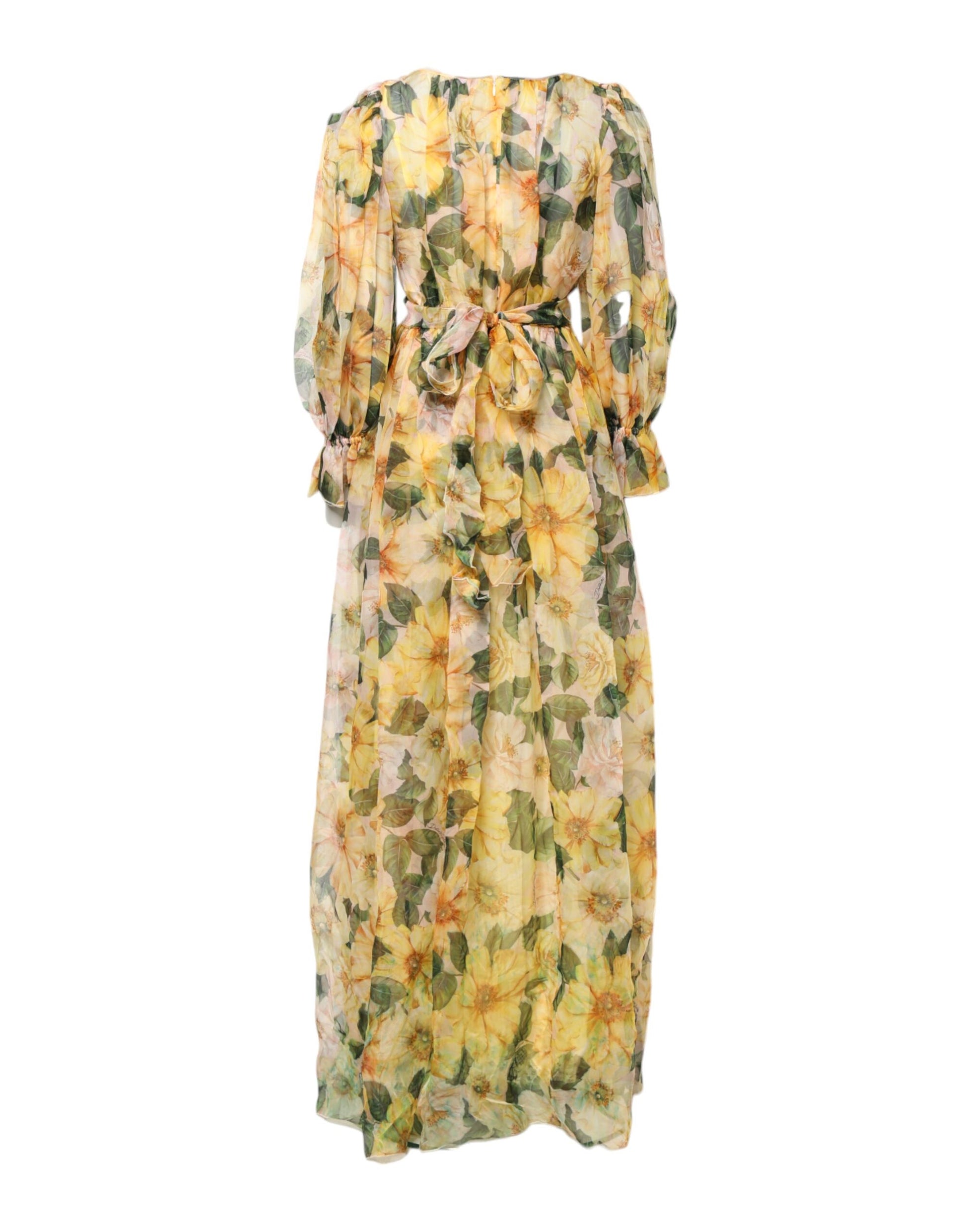 Yellow Floral Print Long Sleeves Maxi Dress