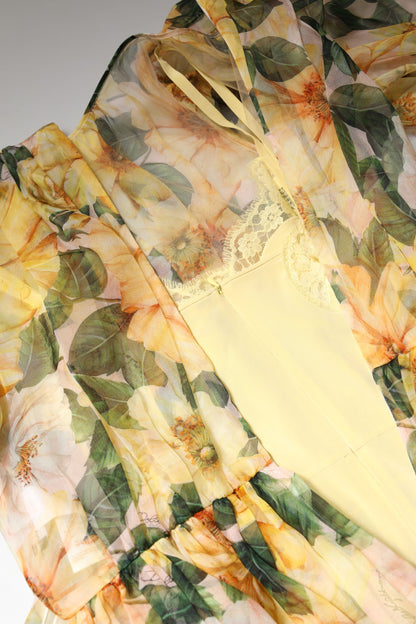 Yellow Floral Print Long Sleeves Maxi Dress