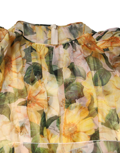 Yellow Floral Print Long Sleeves Maxi Dress