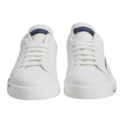 White Blue Leather Logo Low Top Sneakers Shoes