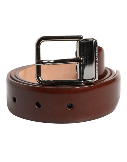 Brown Classic Calf Leather Silver Buckle Belt