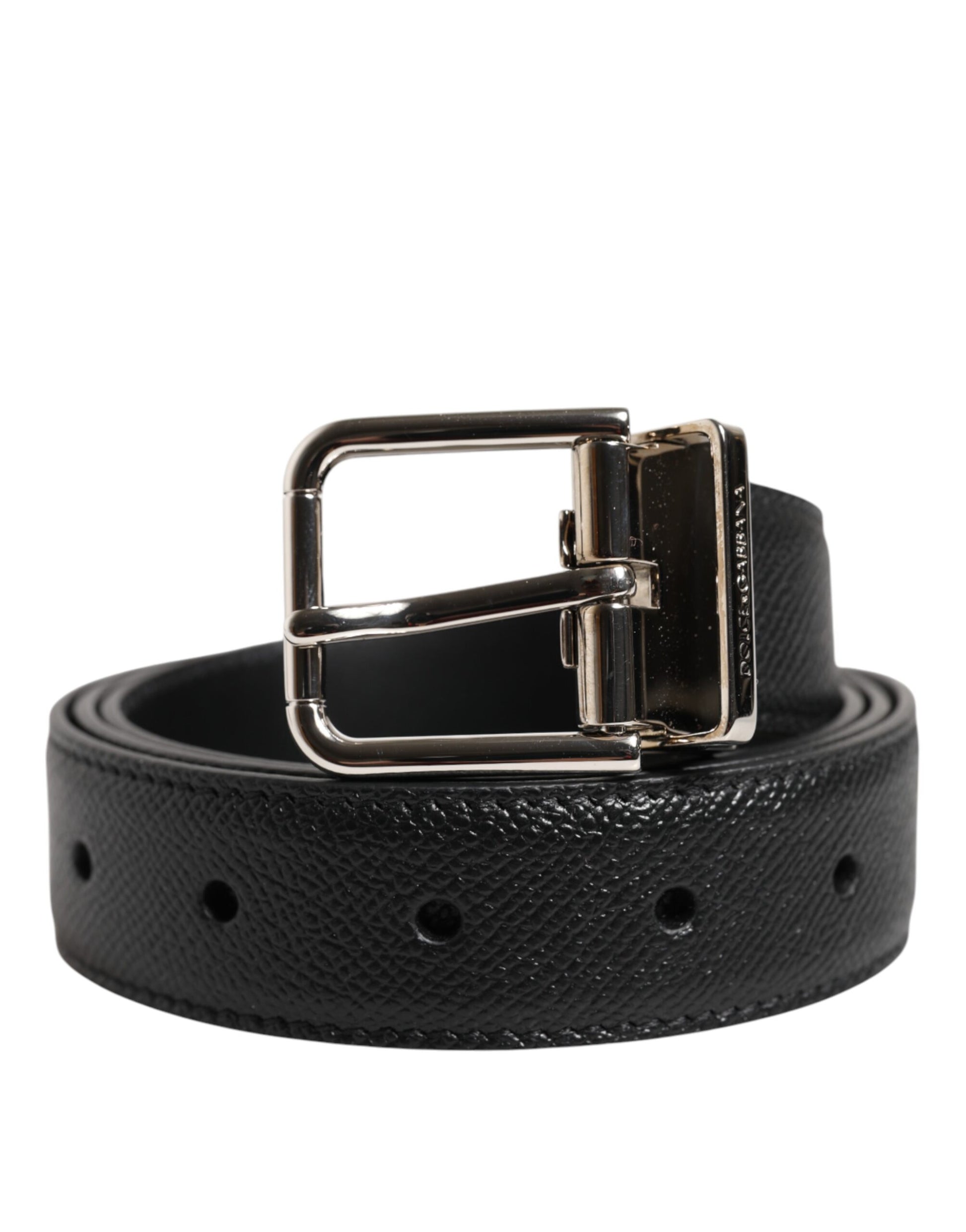 Black Calf Leather Silver Metal Buckle Belt