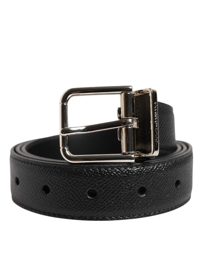 Black Calf Leather Silver Metal Buckle Belt