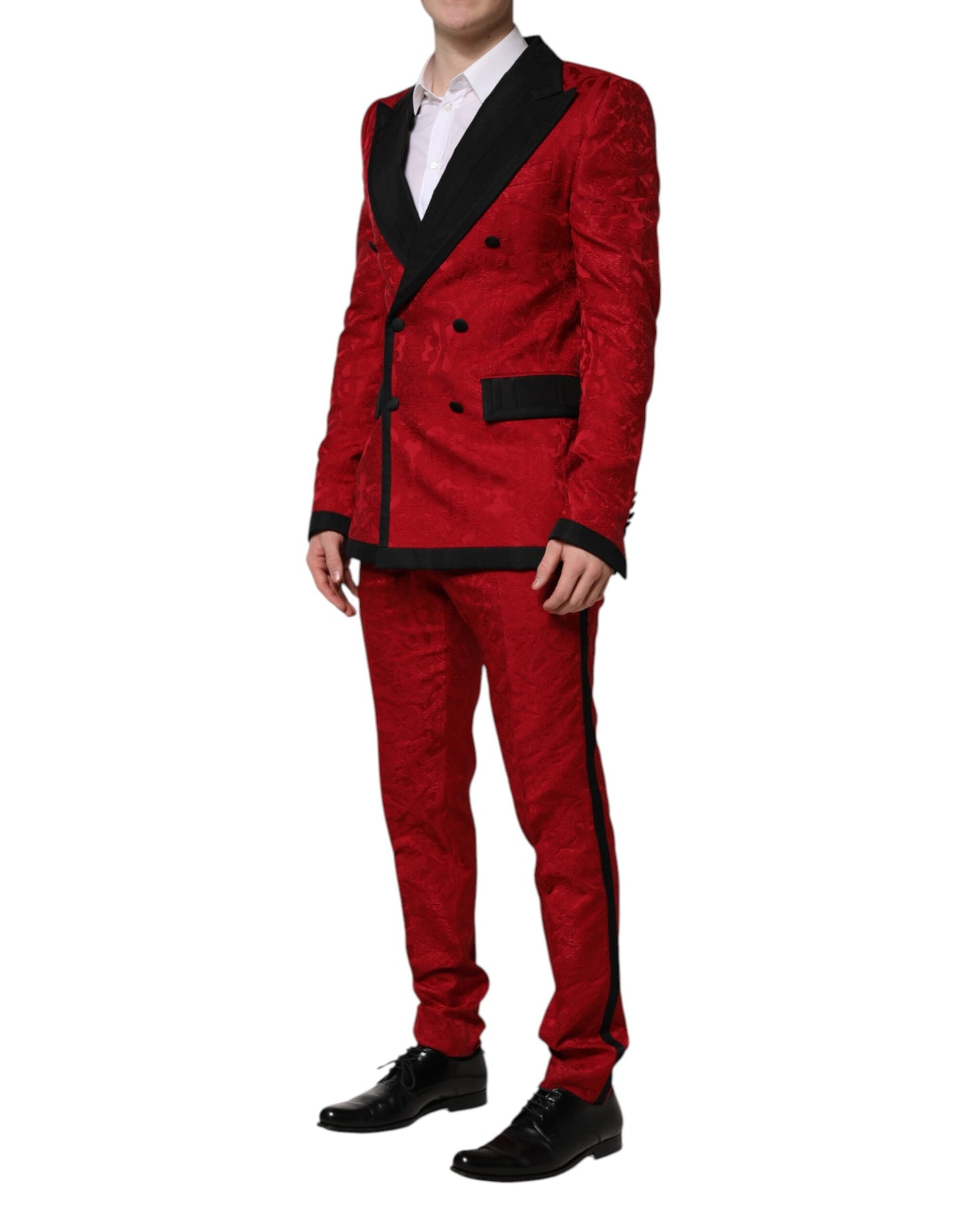 Red Floral Jacquard Double Breasted 2 Pc Suit