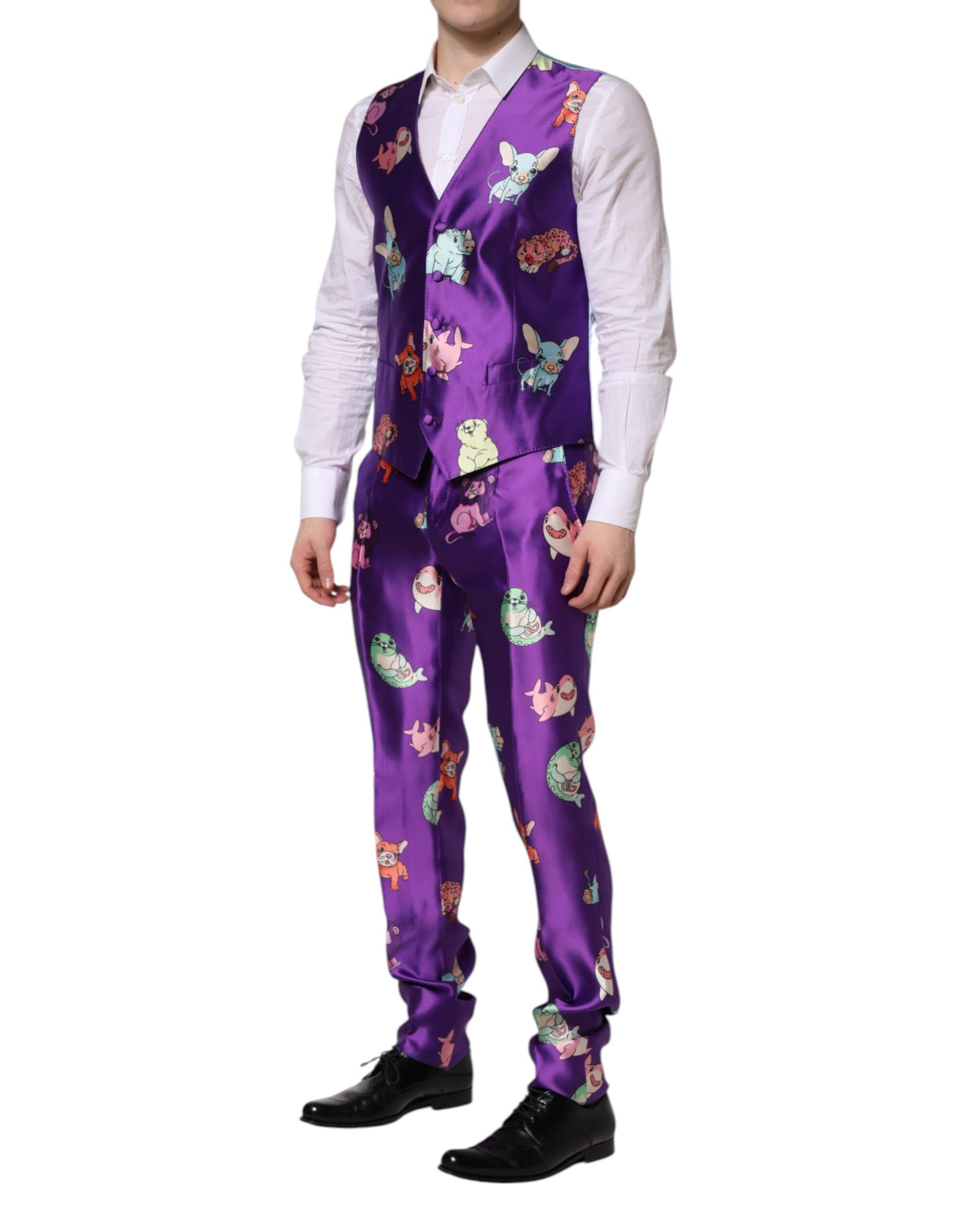 Purple Silk Animal Print 3 Piece Suit