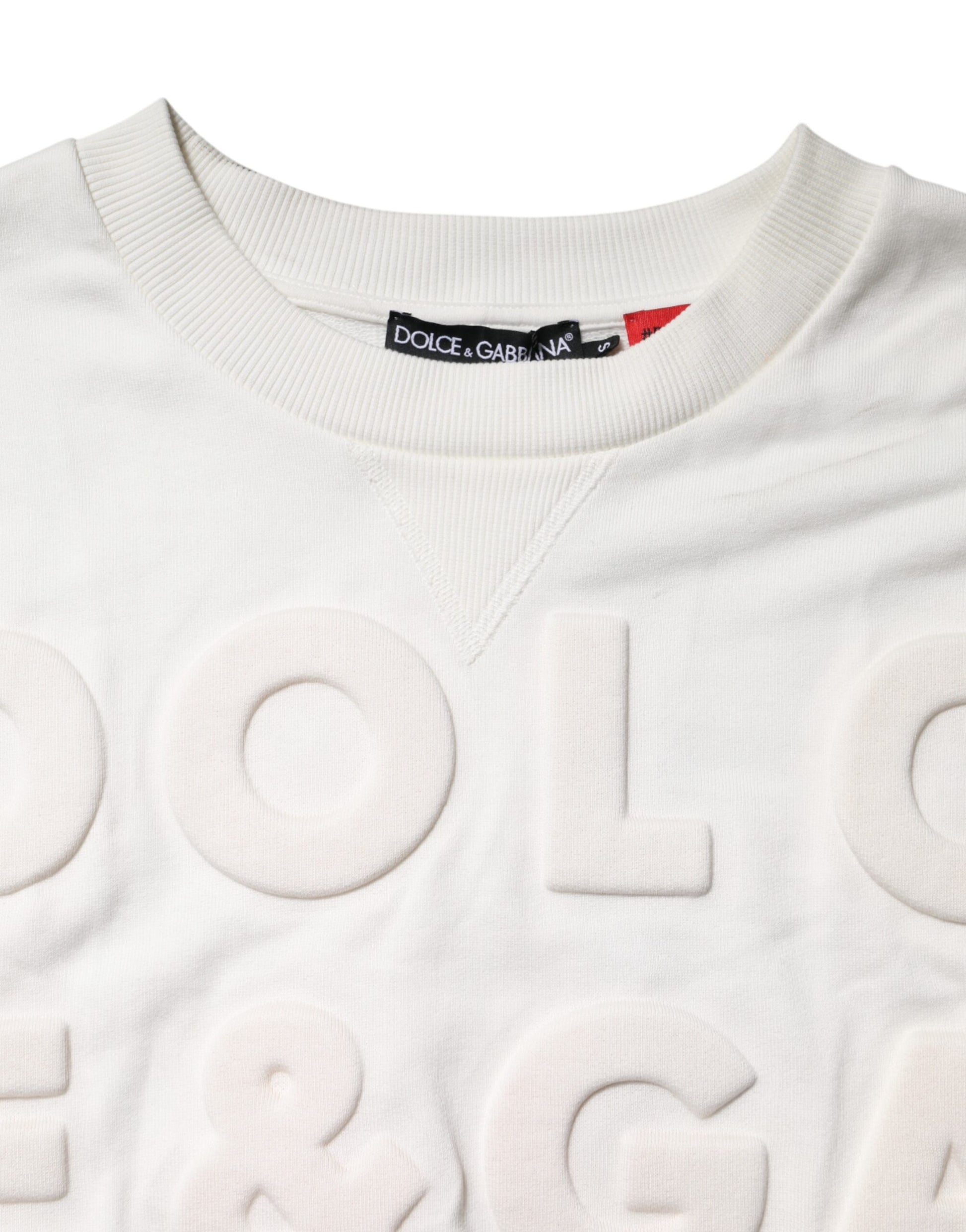 White Embossed Logo Cotton Crew Neck Sweater