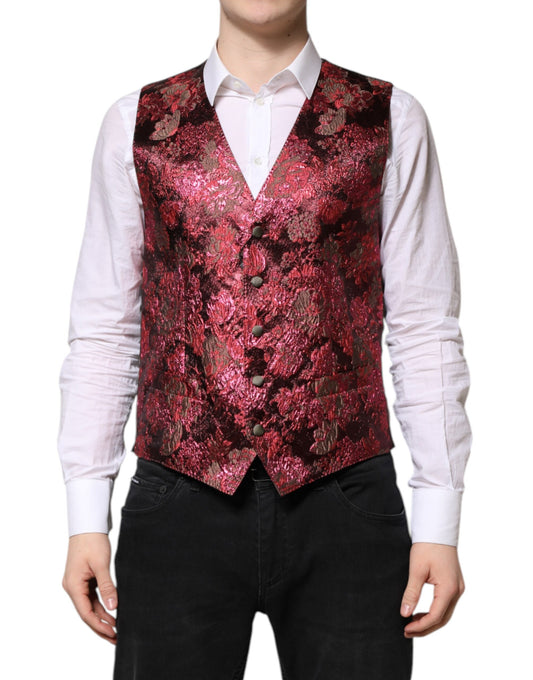 Red Floral Brocade Formal Men Waistcoat Vest