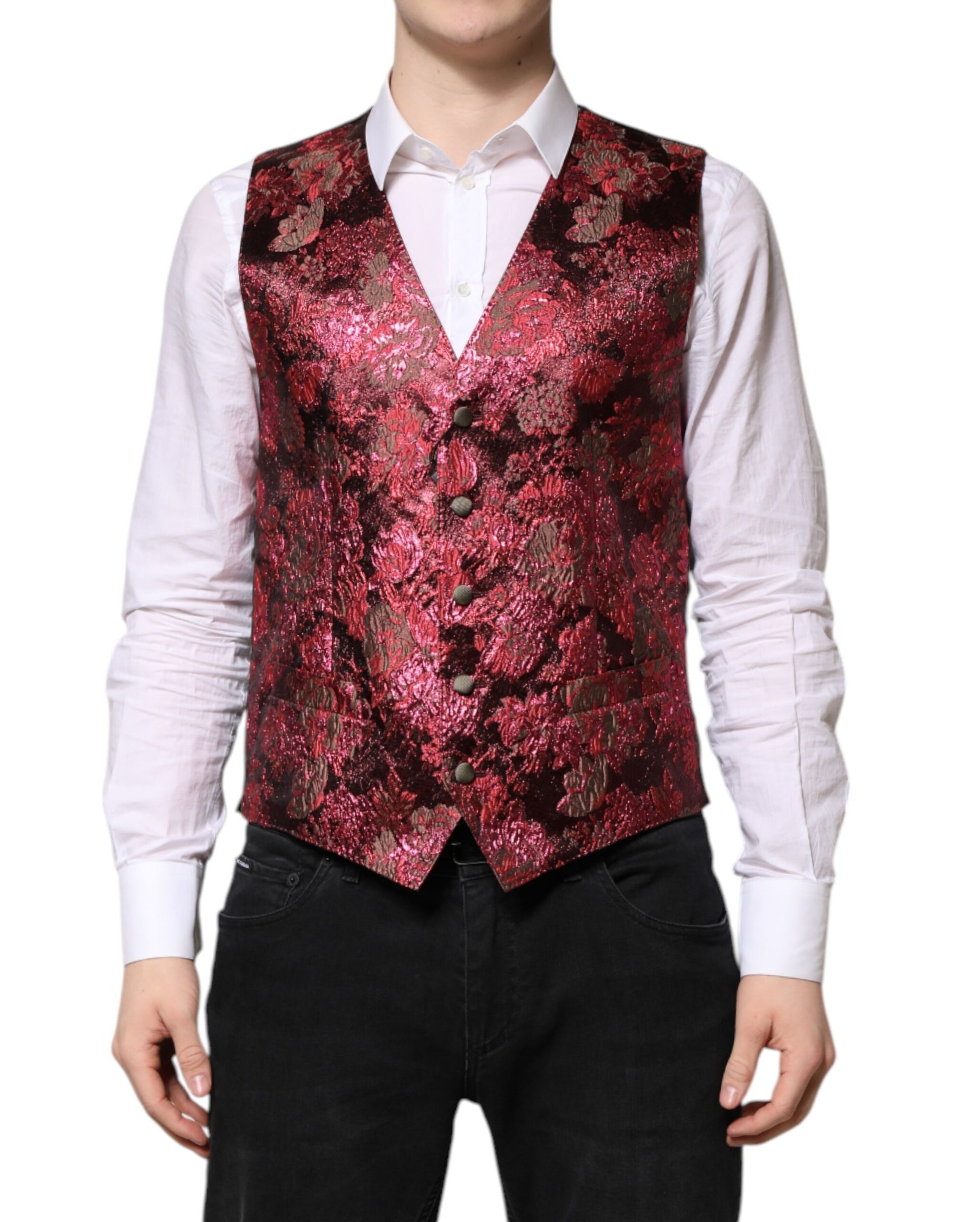 Red Floral Brocade Formal Men Waistcoat Vest