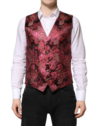Red Floral Brocade Formal Men Waistcoat Vest