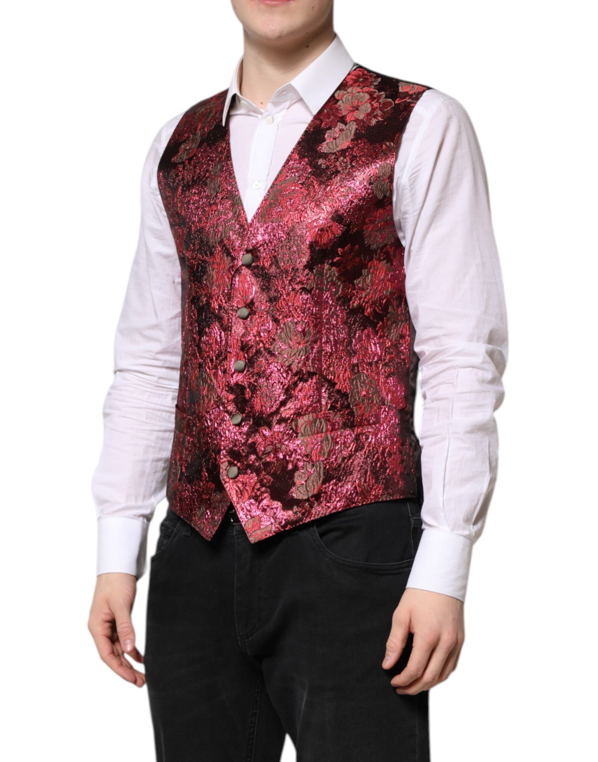 Red Floral Brocade Formal Men Waistcoat Vest