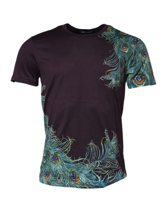 Black Cotton Peacock Print Round Neck T-shirt