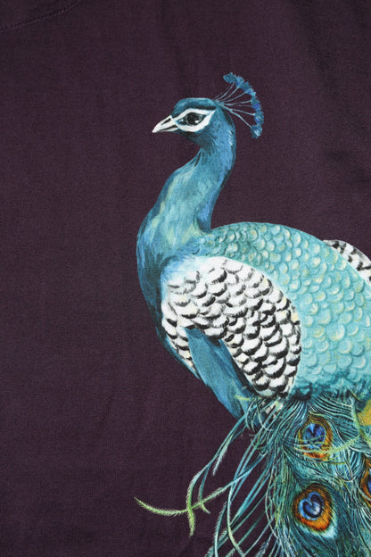 Black Cotton Peacock Print Round Neck T-shirt