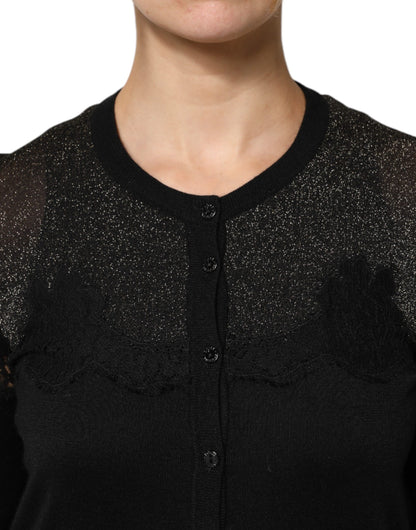 Black Viscose Lace Buttoned Cardigan Sweater