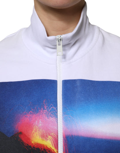 White Graphic Print Cotton Long Sleeves Full Zip Bomber Jacket
