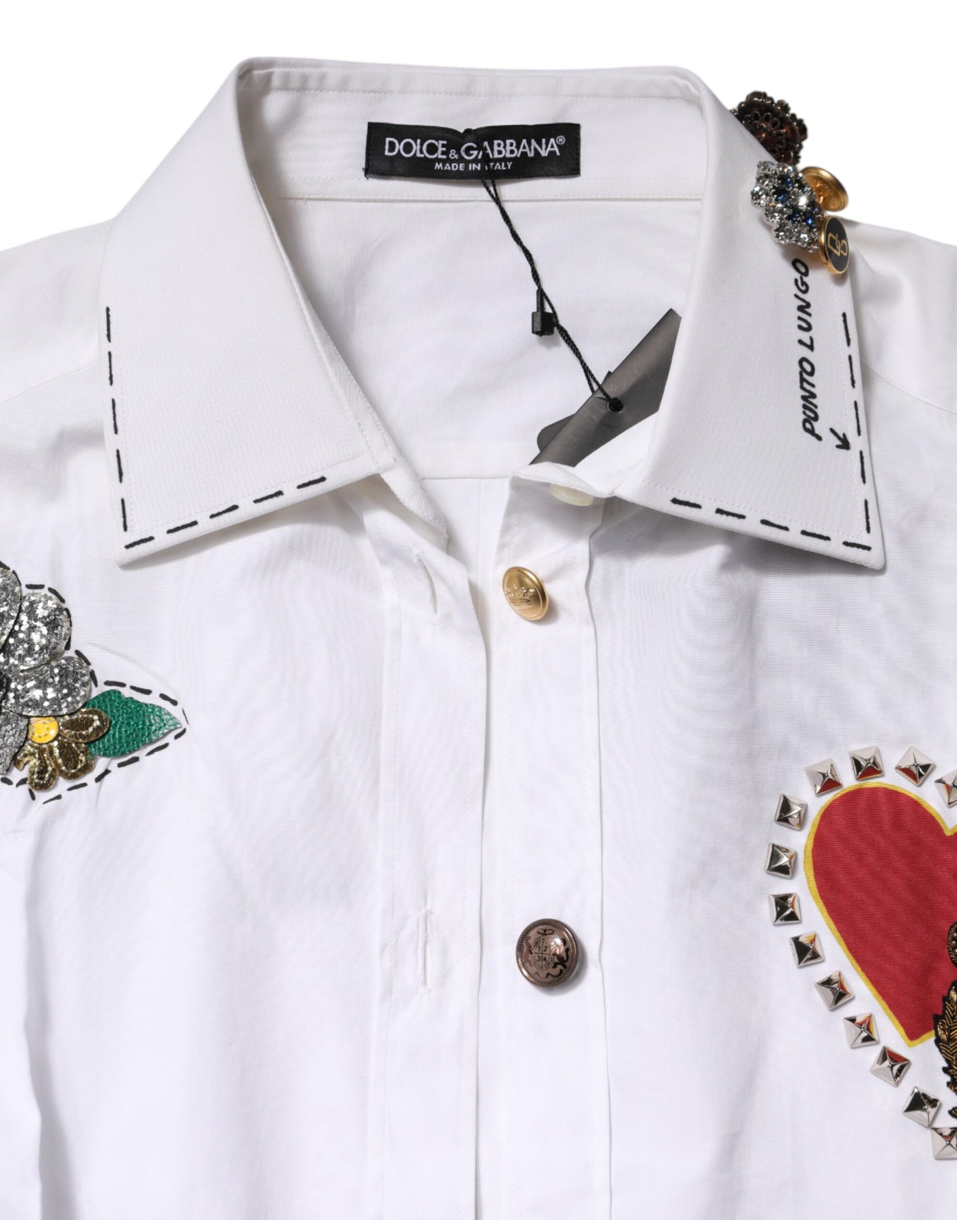 White Cotton Floral Embellished Shirt Top