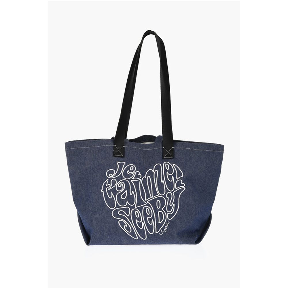 SEE BY Denim Tote Bag with Embossed Embroidery